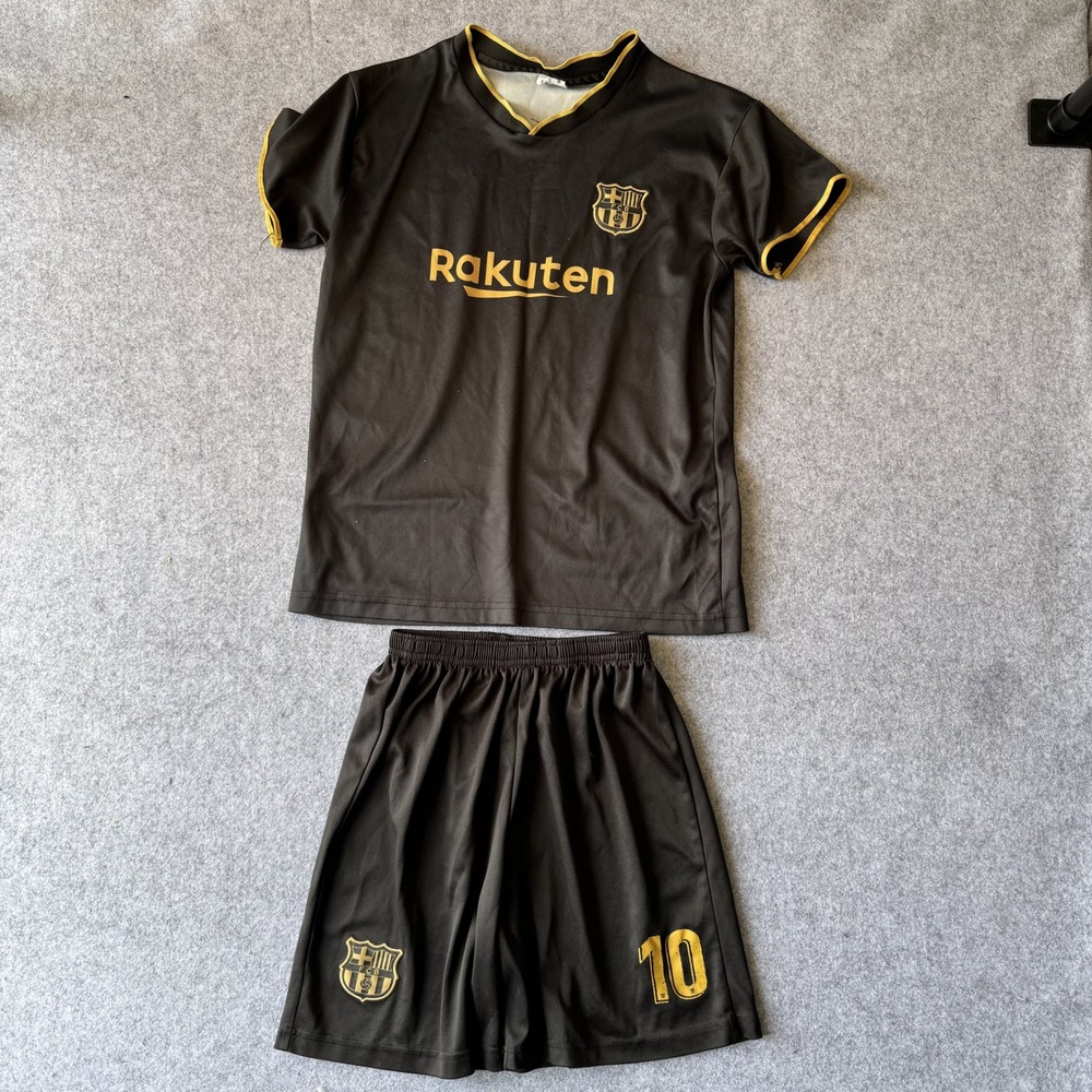 FC Barcelona Messi #10 Soccer Kit Youth Small Black Gold Rakuten Jersey Shorts